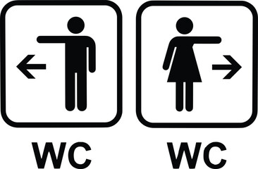 Directional restroom signage showing male and female figures pointing to left and right toilet locations with black arrows and WC text.