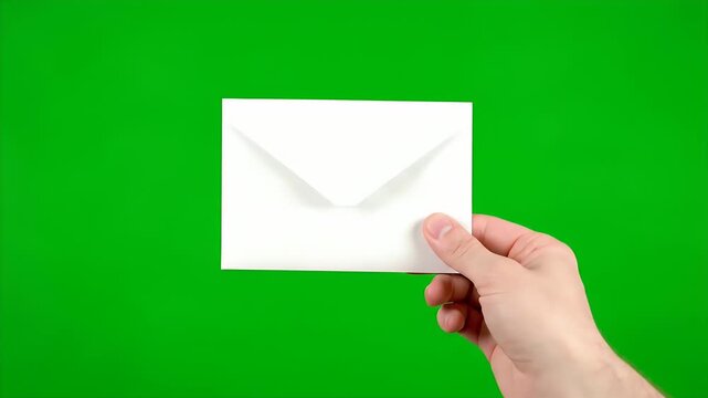 Hand Holding White Envelope Against Green Screen Background for Keying and Compositing in Video