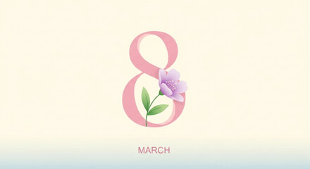Obraz premium Elegant pink number 8 with a delicate purple flower and green leaves celebrating International Womens Day on March 8th perfect for greeting cards and promotional materials