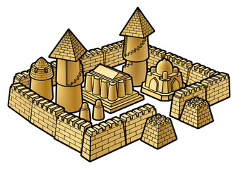 Detailed hand-drawn illustration of a medieval sandcastle city with towers, walls, and fortifications, designed as a whimsical fantasy beach construction in warm sandy tones