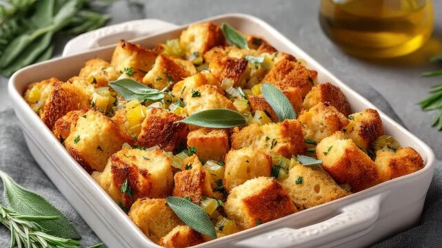 Rustic bread stuffing with herbs in white ceramic baking dish on wooden tablecloth, concept of homemade holiday meal.
