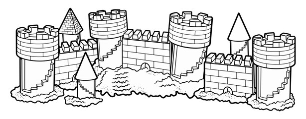 Detailed black and white line art illustration of a medieval sandcastle fortress with towers, walls, and buildings, designed as a whimsical fantasy castle for coloring or design use