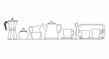 A collection of various kitchen items including a kettle, coffee maker, teapot, and mugs. Vector