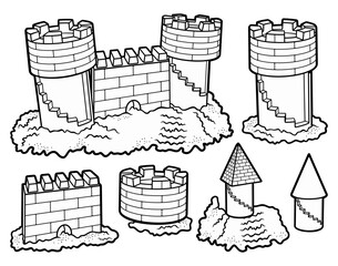 Detailed black and white line art illustration of a medieval sandcastle fortress with towers, walls, and buildings, designed as a whimsical fantasy castle for coloring or design use