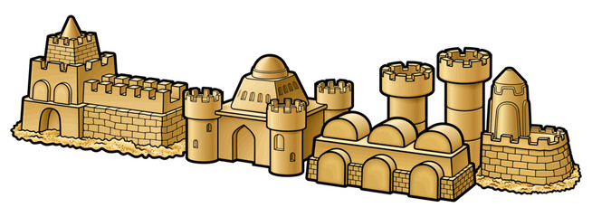 Detailed hand-drawn illustration of a medieval sandcastle city with towers, walls, and fortifications, designed as a whimsical fantasy beach construction in warm sandy tones
