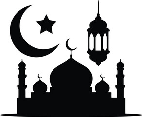 Fototapeta premium Elegant black silhouette of a grand mosque with minarets, a crescent, star, and festive hanging lantern