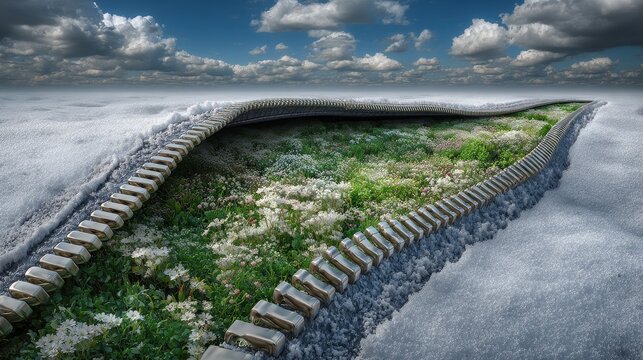 Surreal landscape a giant zipper unzipping snowy ground to reveal flowers