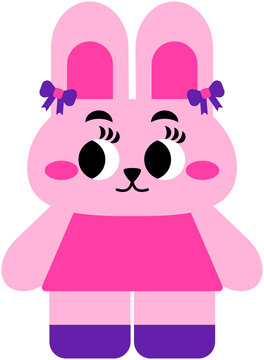 Cute Pink Bunny Girl Cartoon Character with Bow and Dress Kawaii Easter Rabbit Illustration