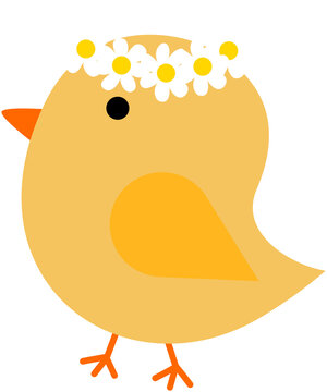 Cute Easter Chick with Daisy Flower Crown Kawaii Spring Cartoon Illustration