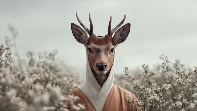 Surreal deer in robe standing among wildflowers under cloudy sky concept art. Concept of anthropomorphic fashion portrait. fantasy identity, wild meets urban