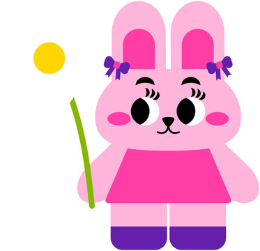 Cute Easter Bunny Holding Daisy Flower Kawaii Spring Cartoon Illustration