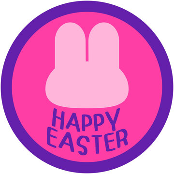 Happy Easter Bunny Badge Cartoon Logo with Pink and Purple Circle Frame