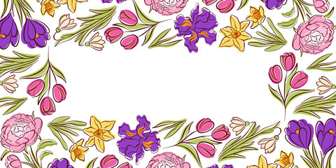 Flower spring border in line art style. Elegant botanical background with white space, ideal for greeting cards, invitations, banners and stationery design. © Iryna