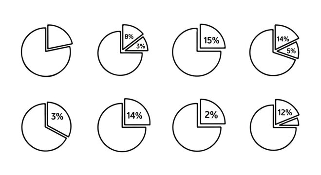 Set of pie charts showing various percentages with different segment sizes Vector