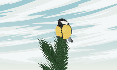 Great tit bird sitting on pine branch vector. Realistic parus major perched on conifer tree top under blue sky, winter illustration © AnnstasAg