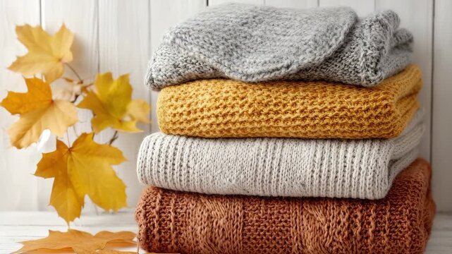 Stack of cozy autumn sweaters in warm colors with fall leaves on wooden background. Best Materials for Fall Blankets