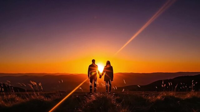 Couple holding hands while standing on a grassy hill to watch the scenic sunset for outdoor travel marketing or social media.