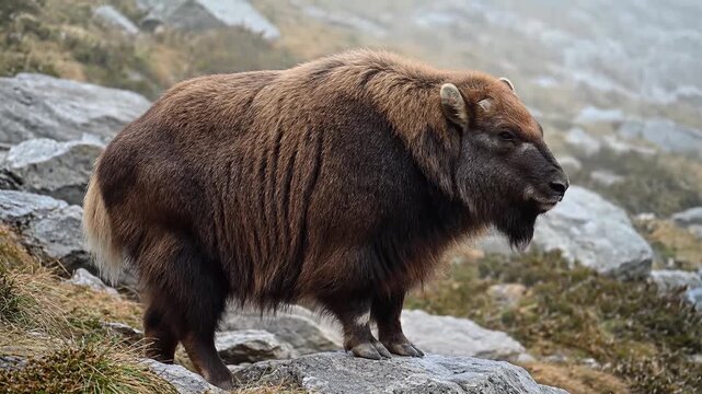 Wildlife scene capturing a majestic bison standing on rocky terrain, viewed from the side in a natural habitat