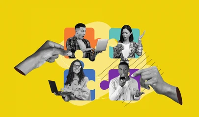 Fotobehang Onderzeeër A collage shows a group of individuals engaging in different activities. Hands connect puzzle pieces while others use laptops and gesturing. The bright background adds a sense of energy to the scene.  © Prostock-studio