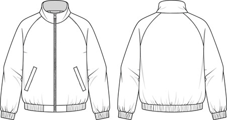 Technical flat sketch of long sleeve zip up bomber jacket with high neck and ribbed trim, cad drawing flat vector illustration template © Ziarul