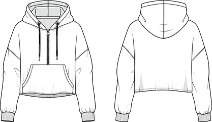 Womens cropped half zip hoodie fashion technical sketch, oversized hooded sweatshirt flat drawing, drop shoulder pullover, CAD flat vector illustration. © Ziarul