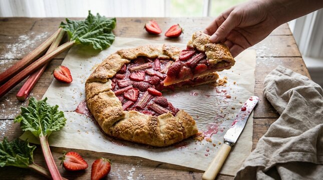 Rustic Strawberry Rhubarb Galette with Slice Removed