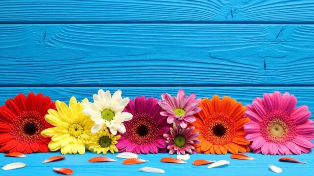 Colorful Gerbera Daisies on Blue Wood Background, Floral Springtime Design