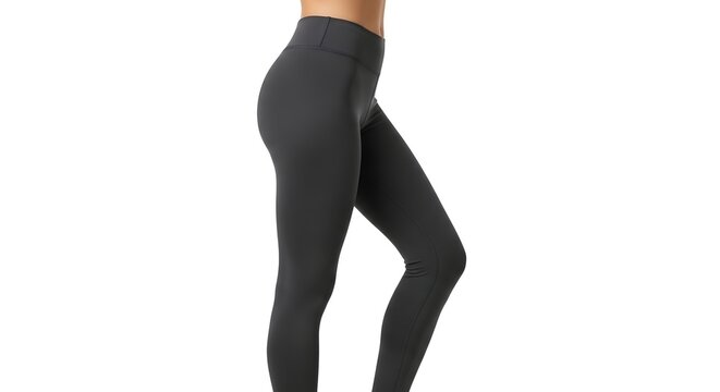 Studio cropped side view woman wearing black high waist leggings posing with hands out of frame on white background fitness apparel product shot closeup minimalist stretchy