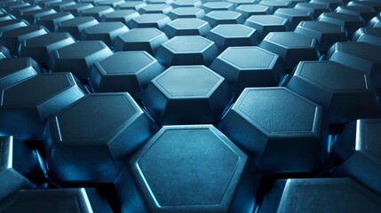 Fototapeta premium A close-up, perspective shot of a grid of dark, metallic hexagonal tiles. The surface features a cool blue glow emanating from the recessed gaps between the elevated, geometric blocks.