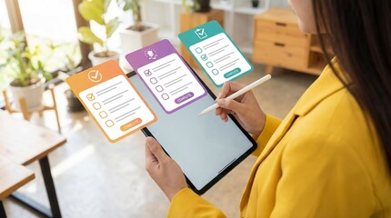 Obraz premium Businesswoman using digital tablet with stylus and holographic checklist interface for task management.