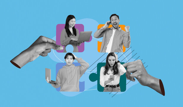 A collage shows four people using devices. A woman works on a laptop, a man talks on a phone, another person holds a laptop, and a woman looks at a phone. Hands connect these figures.