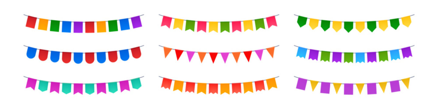 Festive bunting flags with colorful pennants on string for birthday party. Carnival banner decoration with bright party elements. Vector paper welcome or festival event hanging garland border.