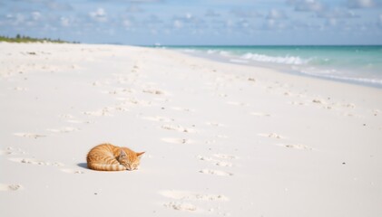 Ginger kitten sleeping on a white sand beach. Small orange tabby cat napping by the turquoise ocean. Tropical summer vacation and animal concept
