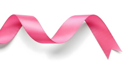 Soft pink satin ribbon curled in wave shape close up on white background right end cut in fishtail for awareness campaign gentle studio lighting subtle shadow