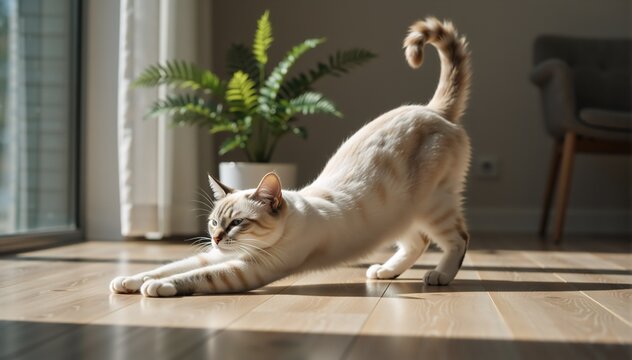 Light colored tabby cat stretching on a wooden floor in sunlight. Domestic pet in sunlit room. Cat behavior and lifestyle