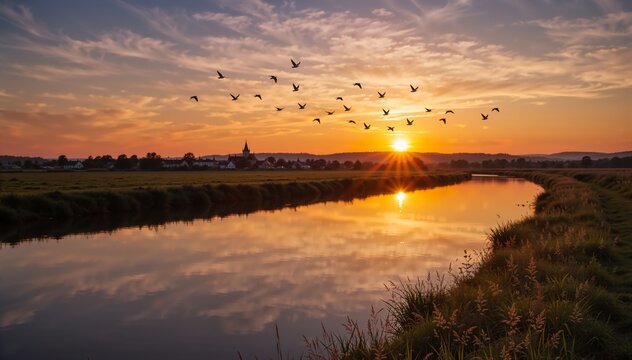 Flock of birds flying over a river at sunset. Golden hour landscape with sun reflection in water. Rural village and church spire in the background