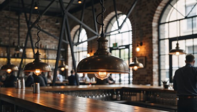 Vintage industrial pendant lamps hanging over a wooden bar counter. Interior of a modern restaurant or pub with blurred people in background