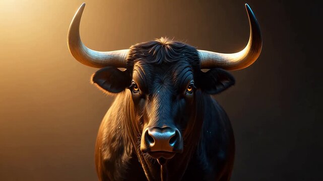 Closeup of a black bull with large horns