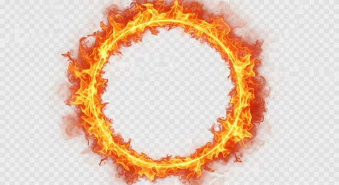 Vibrant ring of fire with flames and smoke on transparent background
