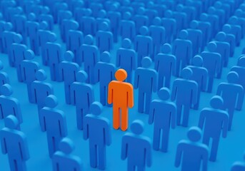 Fototapeta premium One orange figure stands out from a crowd of blue figures, symbolizing individuality