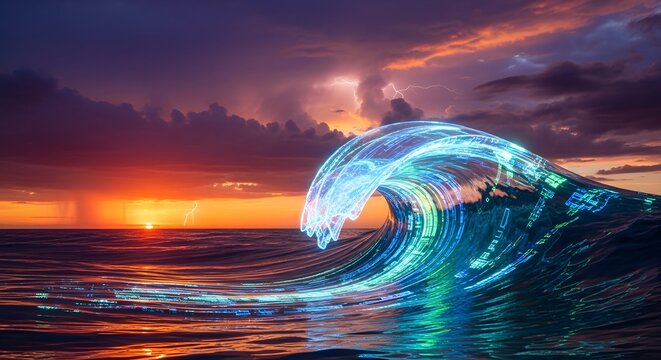 Data Stream Wave Breaking, Digital Ocean Surge at Dramatic Sunset