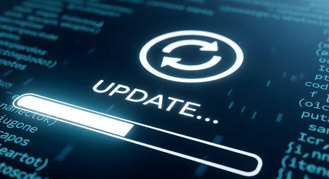A glowing update progress bar with a circular arrow icon on a dark blue background with code