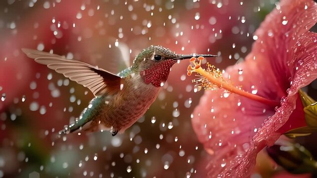 Hummingbird sips nectar from vibrant hibiscus flower in rain