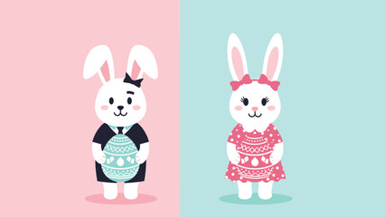 Obraz premium Two cute white rabbits, one dressed in a suit and the other in a floral dress, holding decorative Easter eggs.