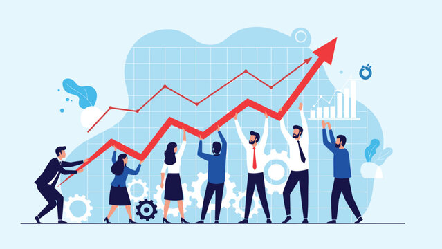 Group of diverse business people collaborating to lift and support a rising red arrow representing collective effort for corporate growth and market success.