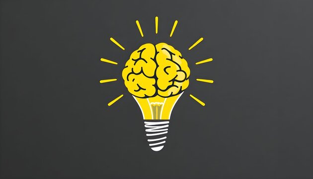 Illustration of a lightbulb with a brain inside, symbolizing ideas and creativity, viewed from the front on a dark background