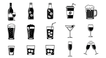 Collection of various alcoholic beverages and drink icons in black and white isolated on transparent background
