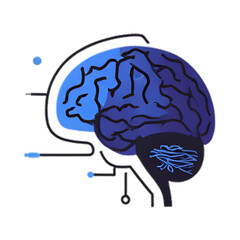 A detailed digital illustration of a human brain surrounded by a circuit outline and various technological connections.