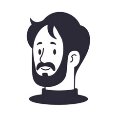 A simple black and white graphic illustration of a man's head with a beard and mustache looking forward.