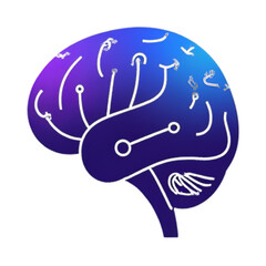 An abstract human brain illustration in purple and blue gradient with electronic circuit-like connections and data symbols.